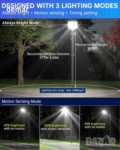 Gefolly SL-2100W Соларна улична лампа, сензор за движение дистанционно, снимка 3 - Соларни лампи - 51770482