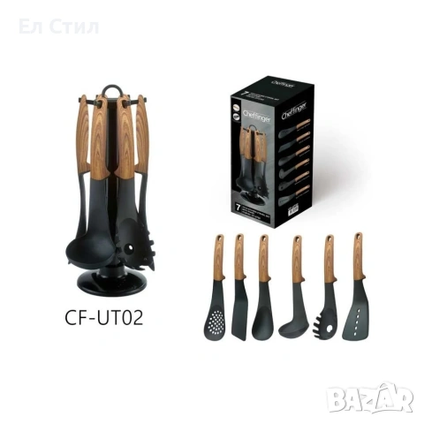 Комплект кухненски прибори 6 части с въртяща се стойка– дървесна визия, снимка 9 - Прибори за хранене, готвене и сервиране - 53573058