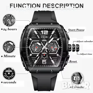 LIGE Кварцов ръчен часовник,Водоустойчив спортен часовник,Силиконова каишка,Хронограф, снимка 4 - Мъжки - 48425731