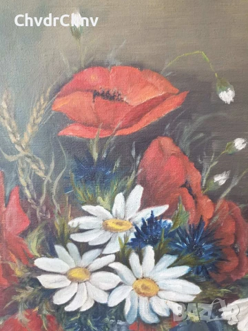 Mathys 68х58см/стара картина масло върху платно/натюрморт кана с цветя/1979/дървена рамка, снимка 4 - Картини - 51357163