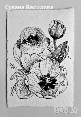 Нежни графични рисунки на цветя – ръчна изработка, снимка 6 - Картини - 53852610