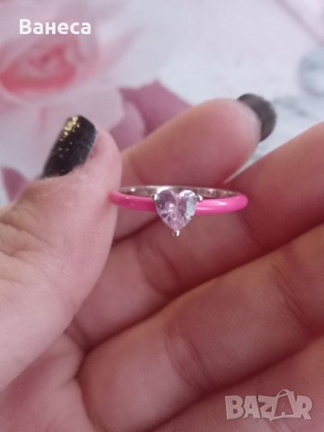Сребърен пръстен Pink Crystal Heart, снимка 2 - Пръстени - 41123847