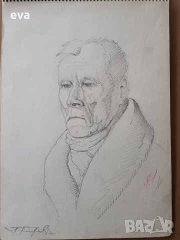 Майсторска рисунка Тома Петров(1908-1972) Портрет на мъж 1946година , снимка 2 - Картини - 36004332