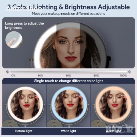 Rocollos Акумулаторно огледало за баня за грим с Led осветление 10X, снимка 5 - Огледала - 51097419