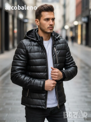 Мъжко черно зимно ватирано кожено яке
