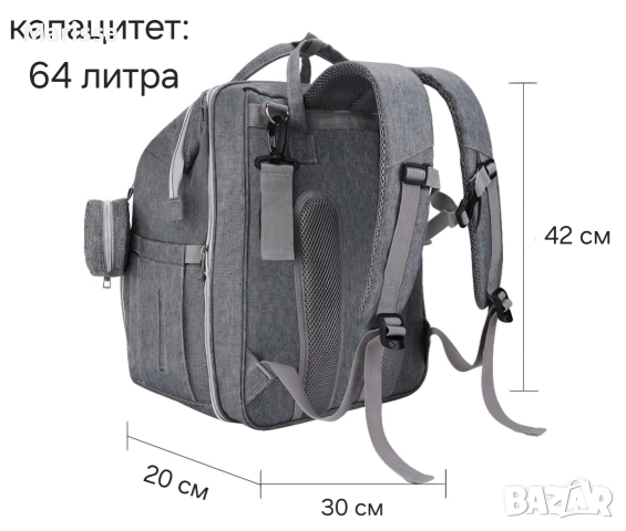 Раница за бебешки принадлежности, сива, снимка 3 - Кенгура и ранички - 52395357