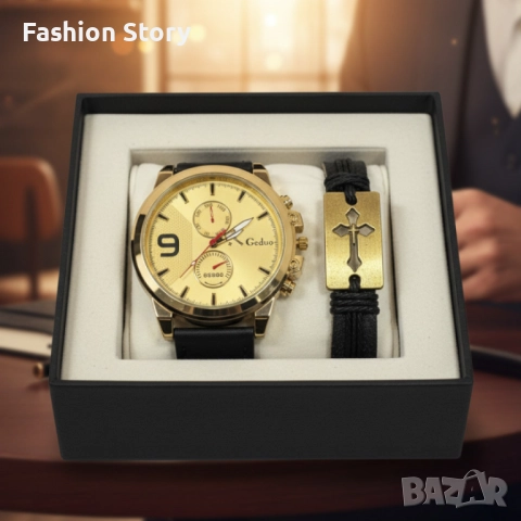 Мъжки комплект Geduo – елегантен часовник със златист циферблат и кожена гривна в подаръчна кутия, снимка 3 - Мъжки - 51935545