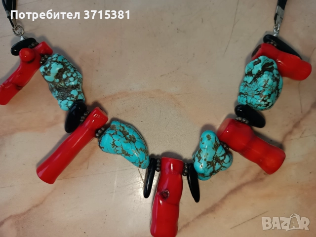 Колие с червен корал и тюркоаз, снимка 2 - Други ценни предмети - 52907721
