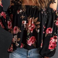 Дамска блуза в черно с ефектни презрамки с бродирани цветя, снимка 6 - Блузи с дълъг ръкав и пуловери - 42156075