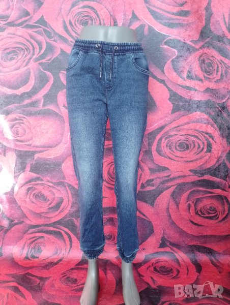 Сини дамски дънки с талия ластик и връзки М, снимка 1