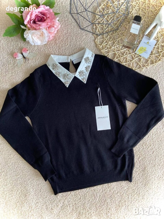 Ефектен пуловер с камъчета на яката, снимка 1