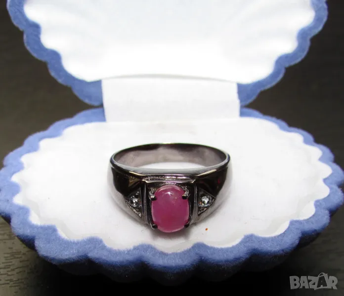 Сребърен пръстен с родиево покритие и камък рубин 7x5мм, общо тегло 3.9гр., снимка 1