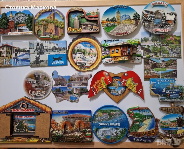 Бяла магнитна дъска с 20 бр.магнити от България + 13 магнита от други държави, снимка 1