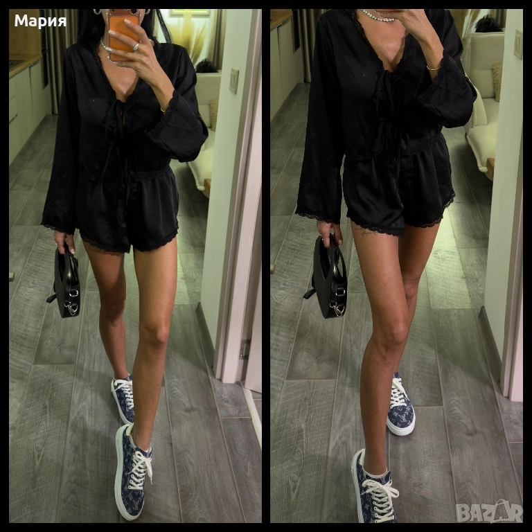 Сатенен сет - риза с връзки и панталонки, снимка 1