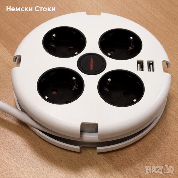 Разклонител REV с USB, зарядно,с превключвател,множество контакти 4-пътен, 2x USB, 140см, снимка 1