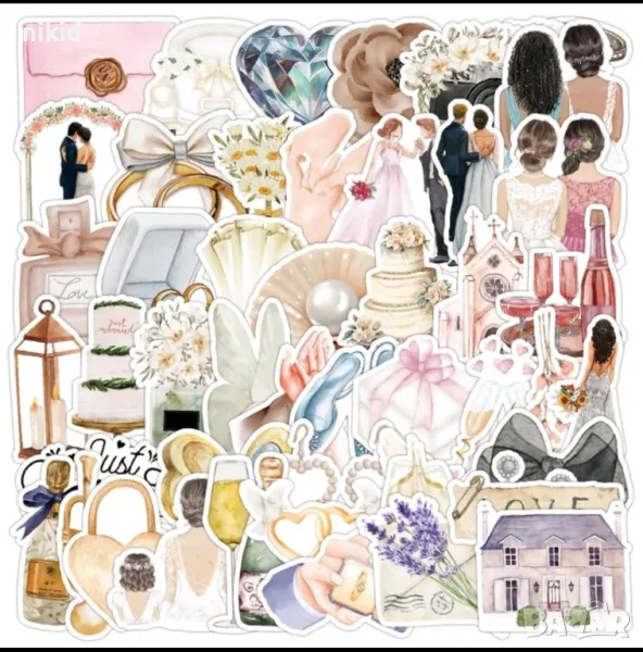 50 бр Сватба сватбени младоженци самозалепващи лепенки стикери за украса декор картонена торта и др, снимка 1