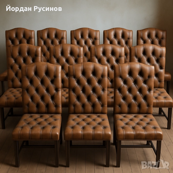 Оригинален луксозен комплект 12 Chesterfield стола с маса от махагон, снимка 1