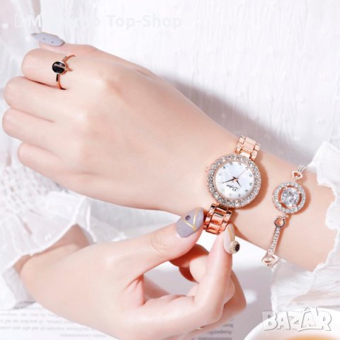 Комплект дамски кварцов часовник с кристали + Подарък гривна., снимка 3 - Бижутерийни комплекти - 34300866