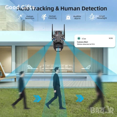 WiFi PTZ охранителна камера с 3 обектива, 4MP резолюция, AI проследяване и нощно виждане – външна, в, снимка 7 - Други - 51250803
