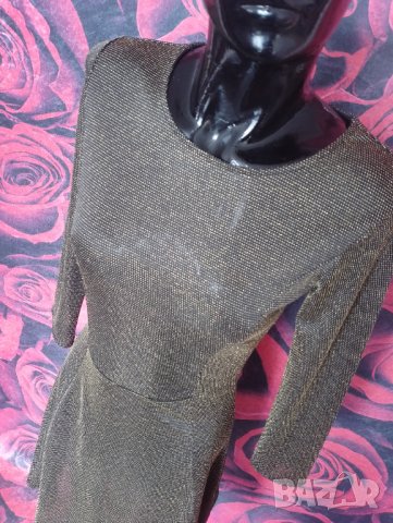 Златиста къса разкроена рокля с лъскав ефект М, снимка 5 - Рокли - 42649675