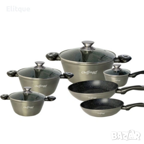 Комплект съдове за готвене Cheffinger от лят алуминий с мраморно покритие – 10 части, снимка 10 - Други - 53165297