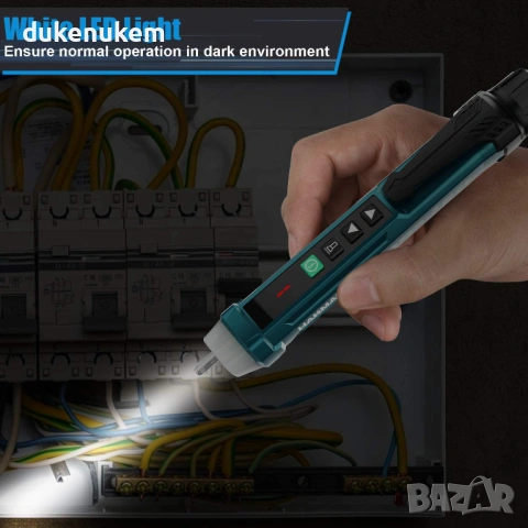 Безконтактен тестер за напрежение 12–1000V със зумер и LED фенер, снимка 6 - Други инструменти - 53094147