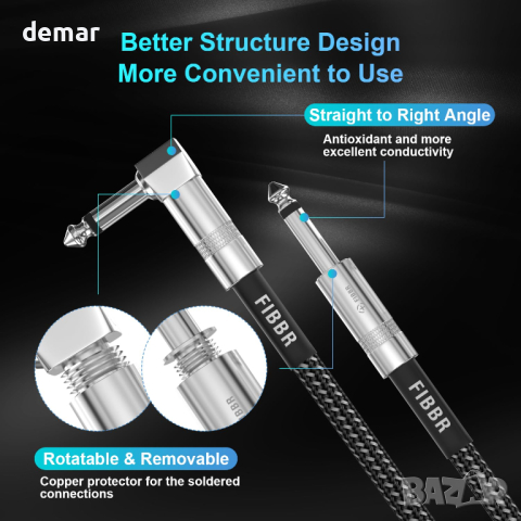 FIBBR кабел за китара 1.8M, кабел под прав ъгъл 1/4 инча, снимка 4 - Други - 44652531