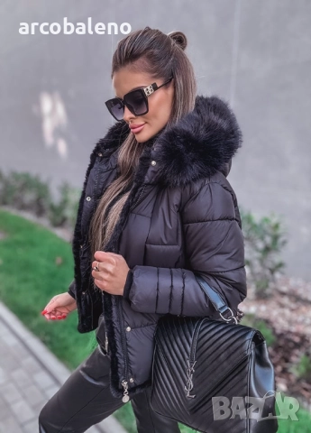 Черно дамско ватирано яке с кожа , снимка 3 - Якета - 52154523