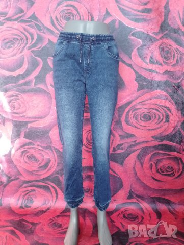 Сини дамски дънки с талия ластик и връзки М, снимка 1