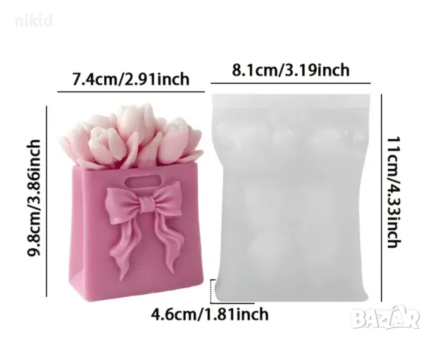 3D чанта торба с лалета цветя и пандела голям силиконов молд форма смола гипс свещ декор