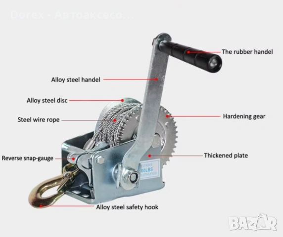 Ръчна лебедка със стоманено въже и автоматична спирачка - 900 кг, 10 м, снимка 6 - Аксесоари и консумативи - 53857805