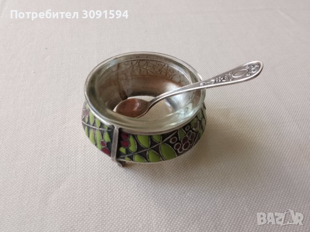 Руски мелхиорен съд за хайвер ,сол,със  емайл оригинална лъжичка, снимка 11 - Антикварни и старинни предмети - 41610950