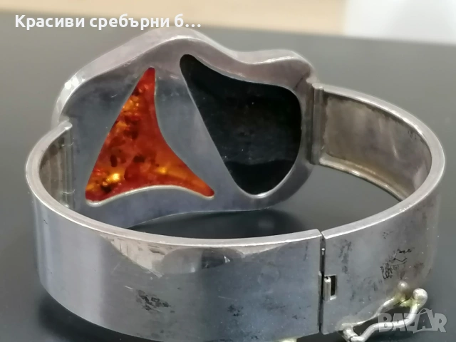  Твърда сребърна гривна с балтийски кехлибар. , снимка 4 - Гривни - 53323207