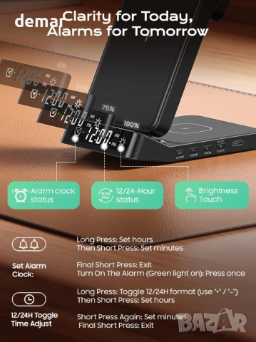 3 в 1 Безжична станция за зареждане с будилник за устройства Samsung, сгъваема, снимка 8 - Безжични зарядни - 53656887
