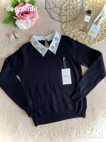 Ефектен пуловер с камъчета на яката