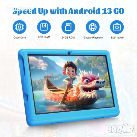Нов Yicty Детски таблет 10.1" Android 13 с тъчскрийн 1280x800 IPS четириядрен 6GB RAM / 64GB ROM, снимка 2 - Таблети - 51636302