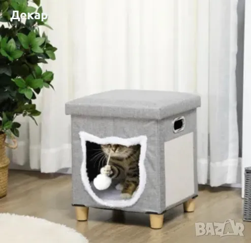 Котешка къща PawHut Сив MDF, синтетичен лен (100% полиестер), плюш и сизал , снимка 5 - За котки - 48494023