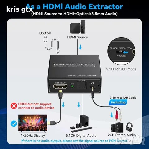HDMI Audio Extractor / Аудио екстрактор 4K@60Hz с ARC eARC, снимка 7 - Други - 55547114