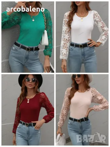 Дамска трикотажна тениска с флорални дантелени ръкави, 4цвята 