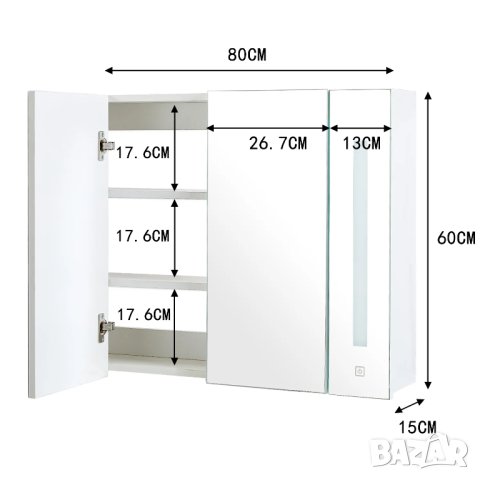 Шкаф за баня с огледало и LED осветление WFBS-BC-D0182WH, снимка 8 - Шкафове - 42412250