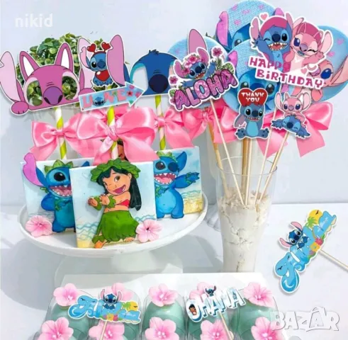 22 бр Лило и Стич Stitch забавни клечки за фото Props пропс топери топер декор парти маски маска 