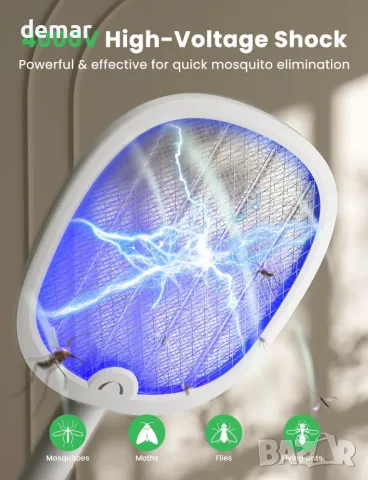 YISSVIC Електрическа мухобойка, Сгъваема ракета, 4000V, 1800mAh, 2 броя-бели, снимка 2 - Други стоки за дома - 49585958