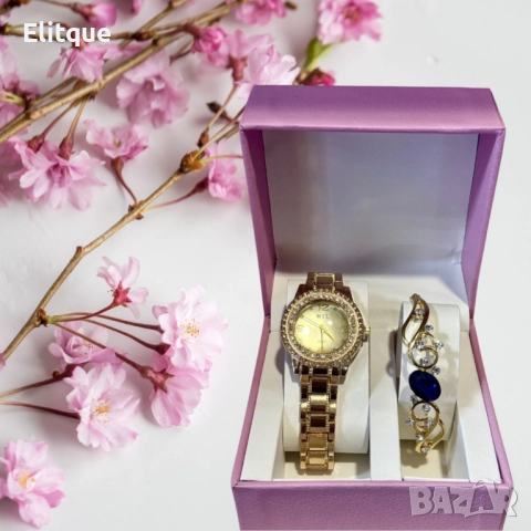 Луксозен дамски комплект – елегантен часовник и изискана гривна със скъпоценни камъни, снимка 3 - Бижутерийни комплекти - 52596603