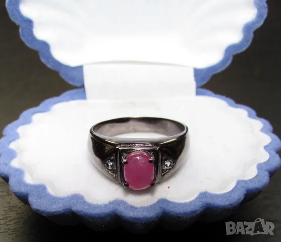 Сребърен пръстен с родиево покритие и камък рубин 7x5мм, общо тегло 3.9гр., снимка 1