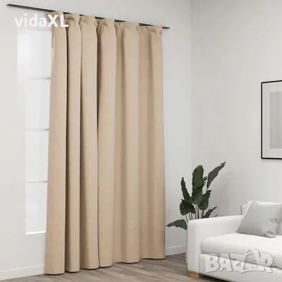 vidaXL Затъмняваща завеса с куки, имитираща лен, бежова, 290x245 см, снимка 5 - Пердета и завеси - 48485869