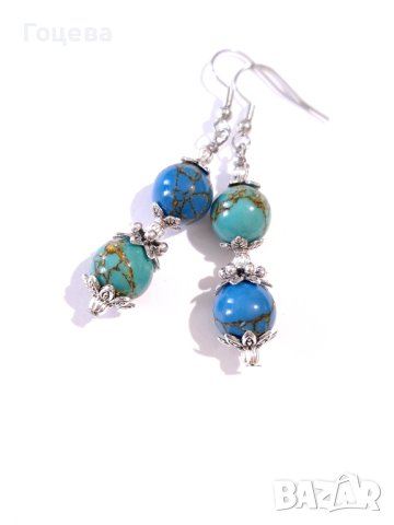 Красиви асиметрични обеци с редкия камък син и зелен Азурит и орнаменти цвят сребро , снимка 4 - Обеци - 41836423