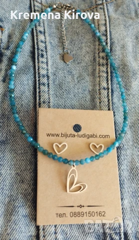 Комплект обеци и късо колие Сърца. С естествени камъни апатит и стомана. Бижута Луди гъби., снимка 2 - Бижутерийни комплекти - 50297046