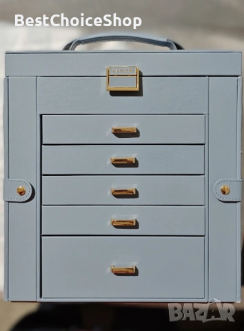 кутия за бижута 6-етажна от естествено дърво, кожа с огледало – XXL синьо-сиво, снимка 5 - Други - 53357861