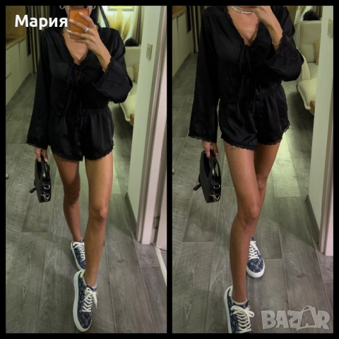 Сатенен сет - риза с връзки и панталонки