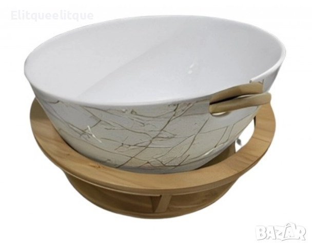 Керамична купа с дървена стойка и мраморен ефект